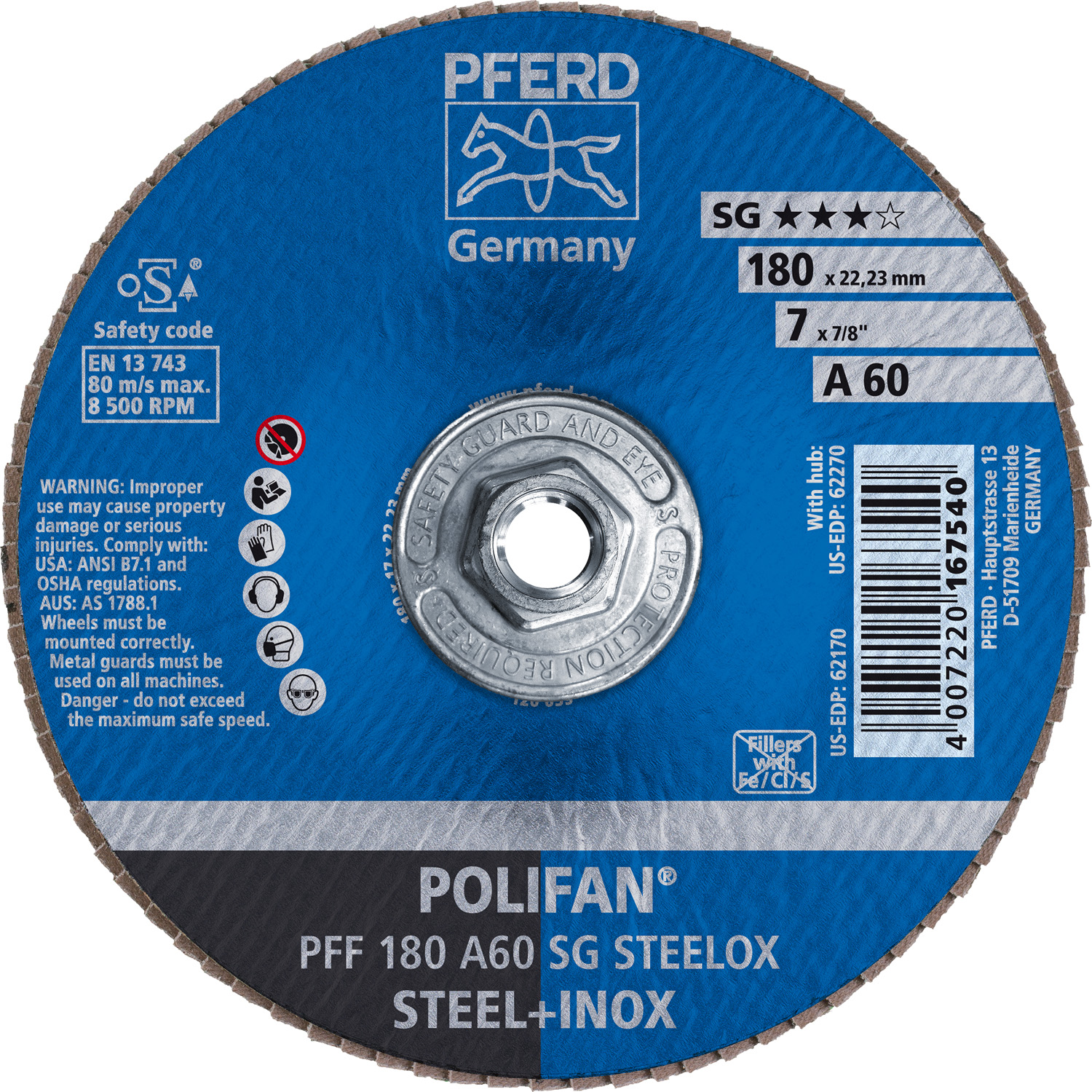 7" x 5/8-11 Thd. POLIFAN® Flap Disc, A SG STEELOX, Aluminum Oxide, 60 Grit, Conical